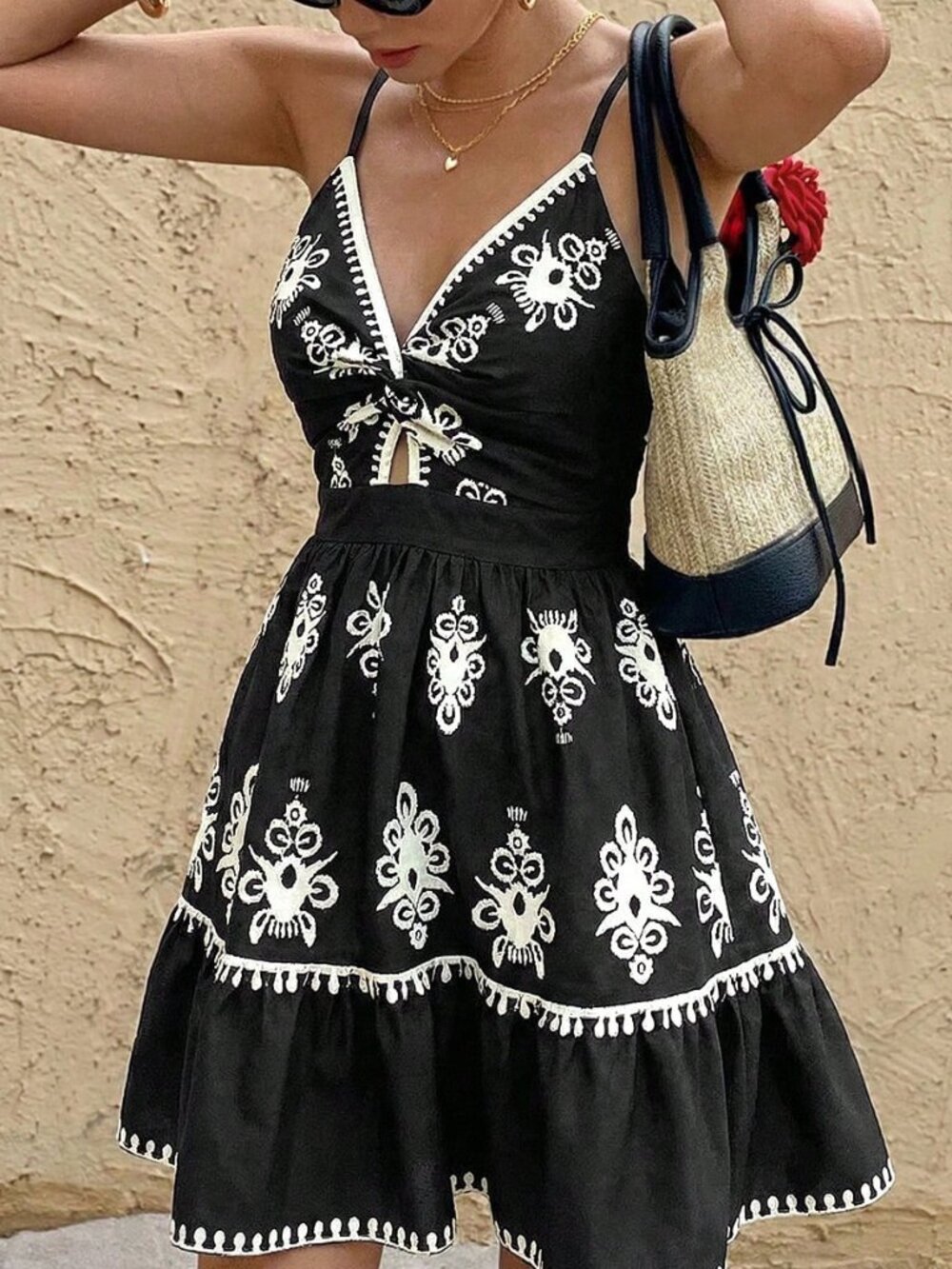 Black Boho Women's Casual Front Twist Camisole Mini Dress - Picture 5 of 6